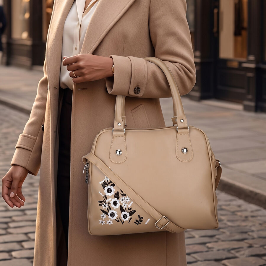 Women's Beige Polyurethane Hand Bag, , large