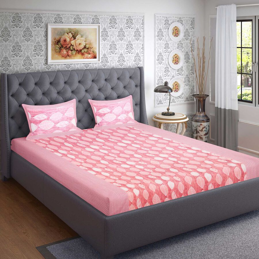 Pink Cotton Blend Double Bedsheet with Pillow Cover, , large