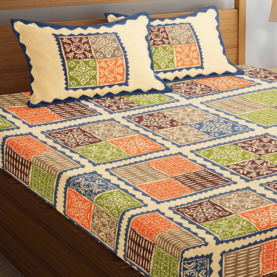 Beige Cotton Double Bedsheet With Pillow Cover, , large image number null