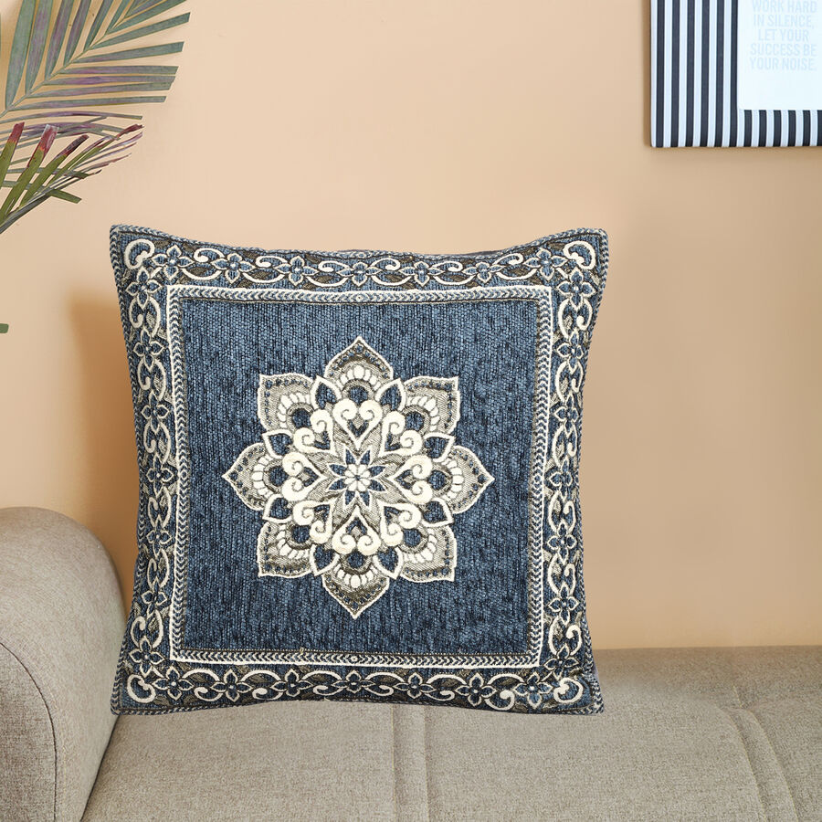 Blue Floral Embroidered Cushion Cover, , large