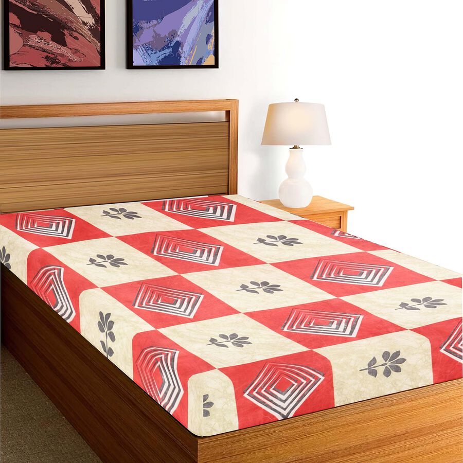 Red and Beige Geometric Printed Single Bedsheet, , large