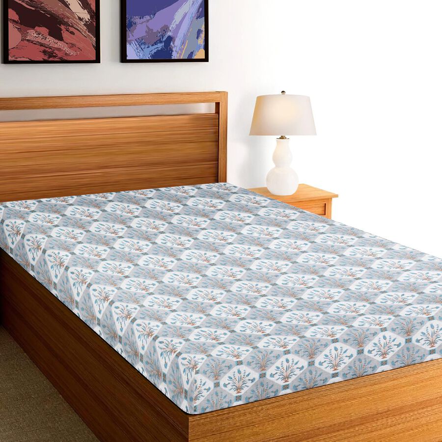 Light Blue Cotton Floral Printed Single Bedsheet, , large