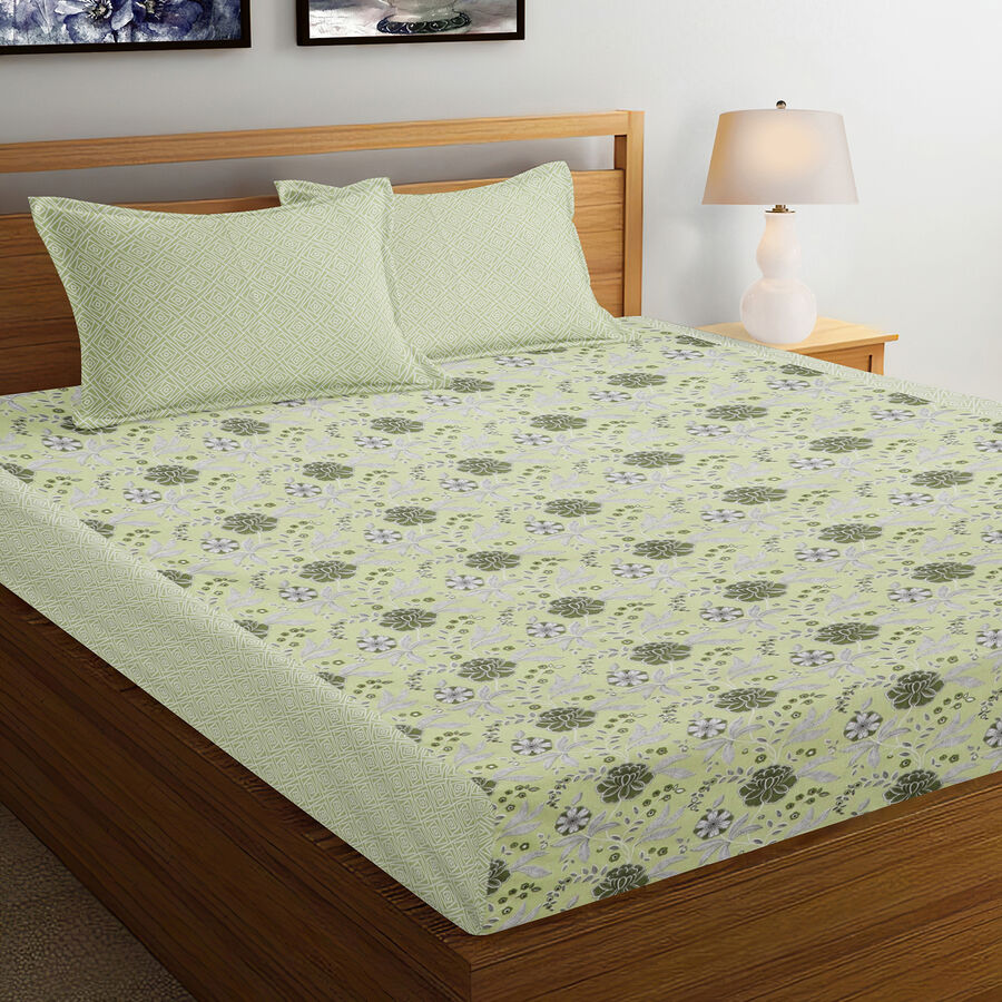 Green Polycotton Double Bedsheet With Pillow Cover, , large image number null