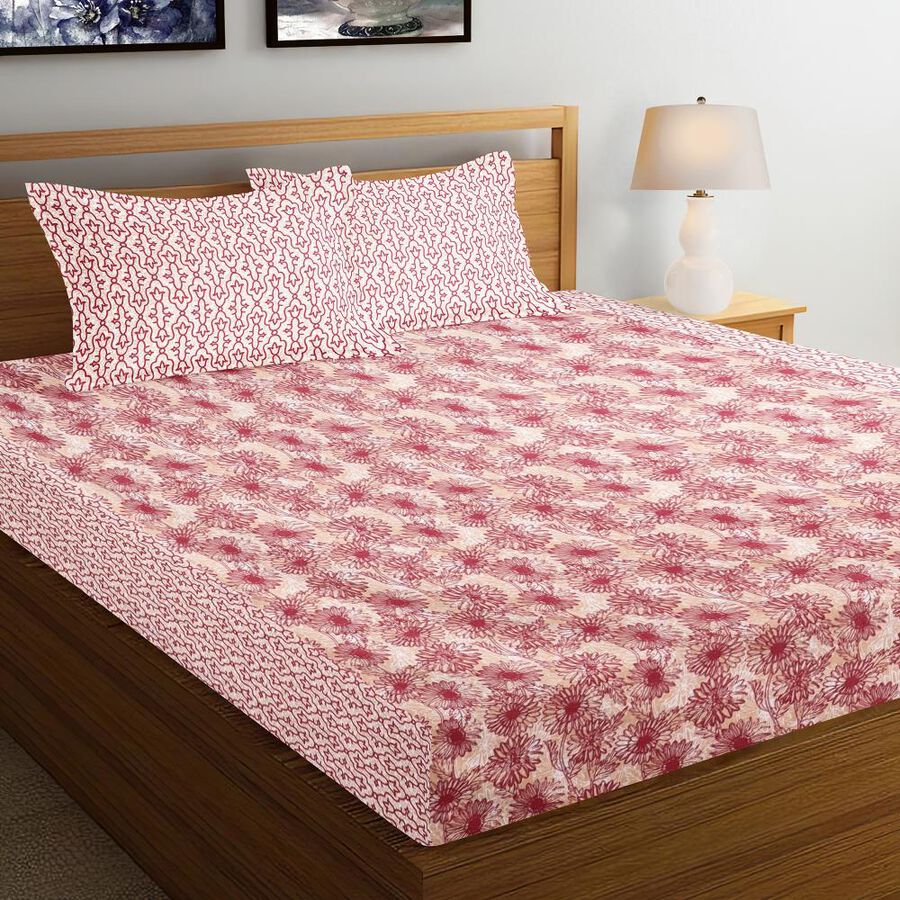 Pink Cotton Blend Double Bedsheet with Pillow Cover, , large