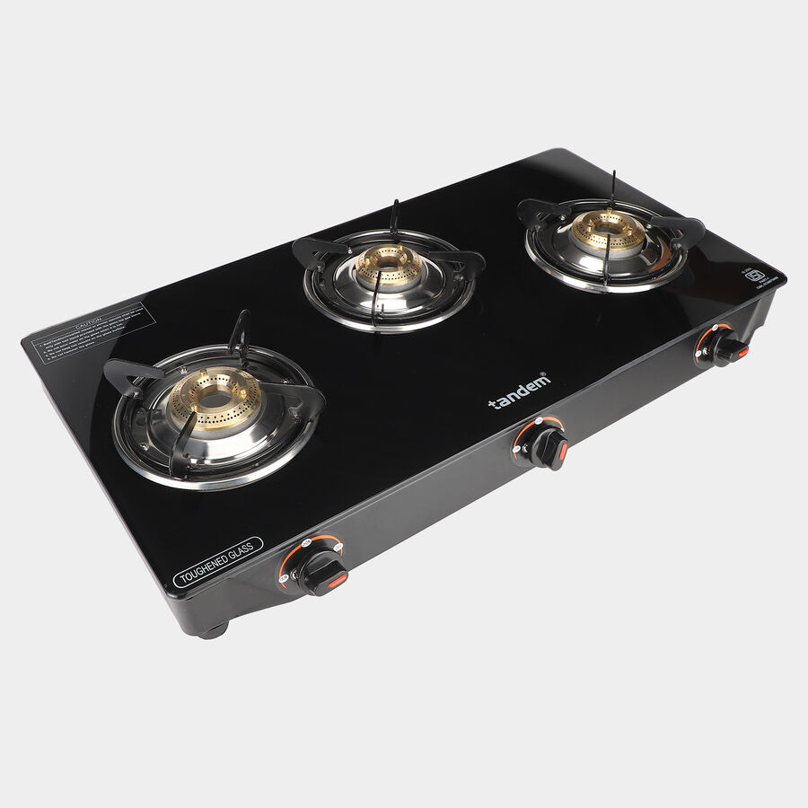 LPG Gas Stove 3 Burner Glass Top, 1 star BEE rating, , large