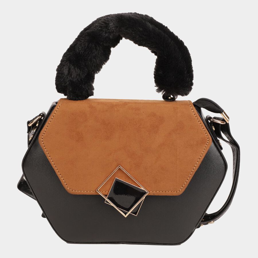 Women's Black Polyurethane Handbag, , large