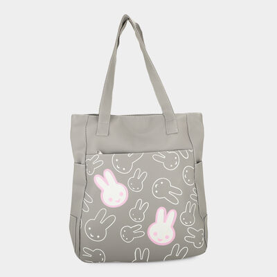 Women Grey Bunny Print Shoulder Tote Bag with Front Zip Pocket