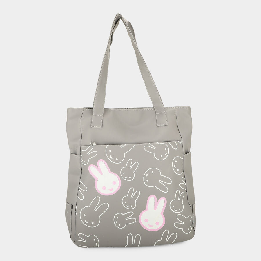 Women Grey Bunny Print Shoulder Tote Bag with Front Zip Pocket, , large
