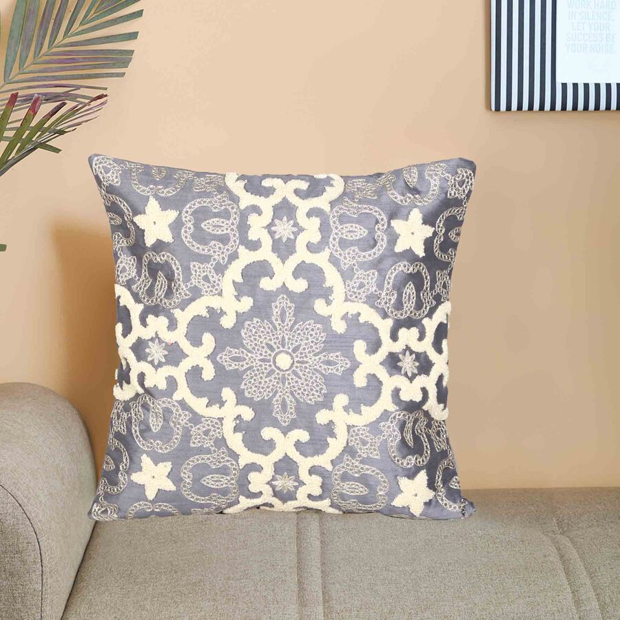 Grey Embroidered Floral Cushion Cover, , large