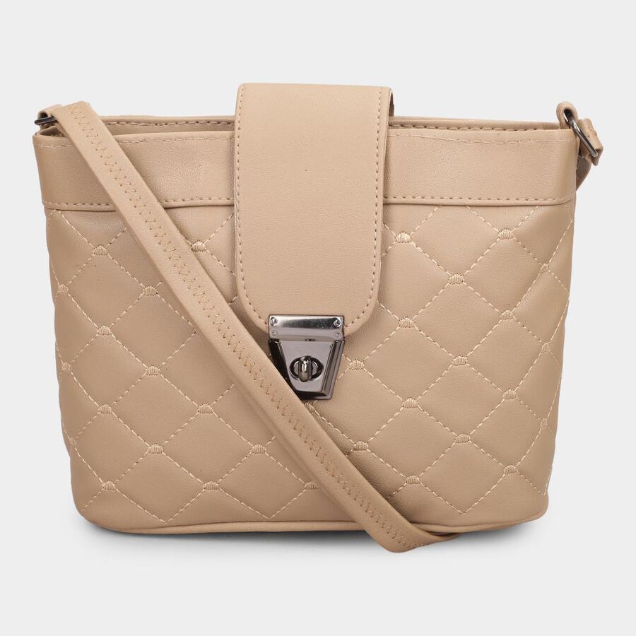 Women's Beige Polyurethane Handbag, , large