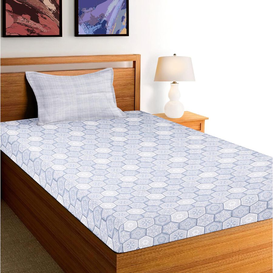 Blue Cotton Hexagonal Printed Single Bedsheet, , large