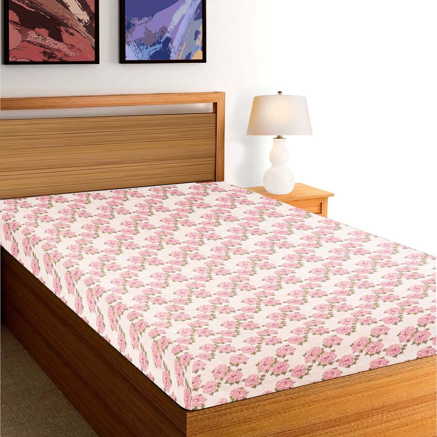 Pink Floral Printed Single Bedsheet, , large