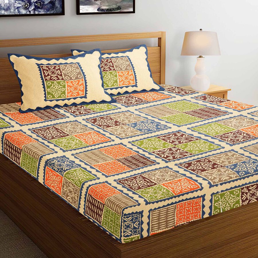 Beige Cotton Double Bedsheet With Pillow Cover, , large image number null