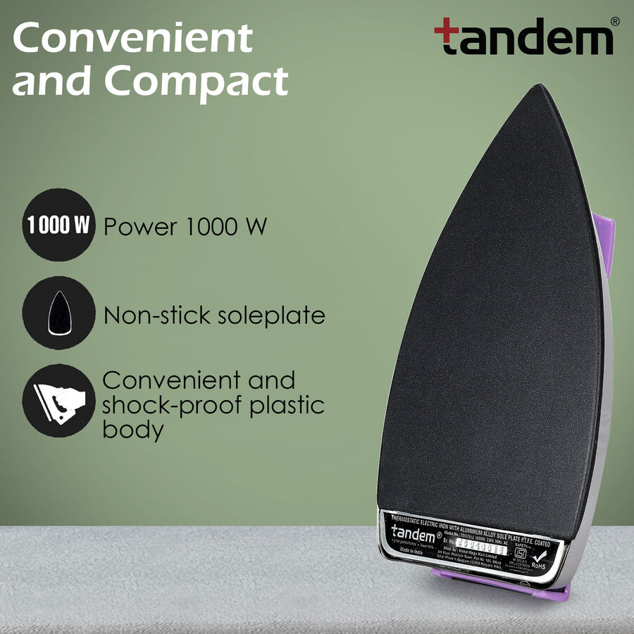 Dry Iron 1000W, Non-stick coated sole plate, Shockproof body, Thermal fuse protection, , large