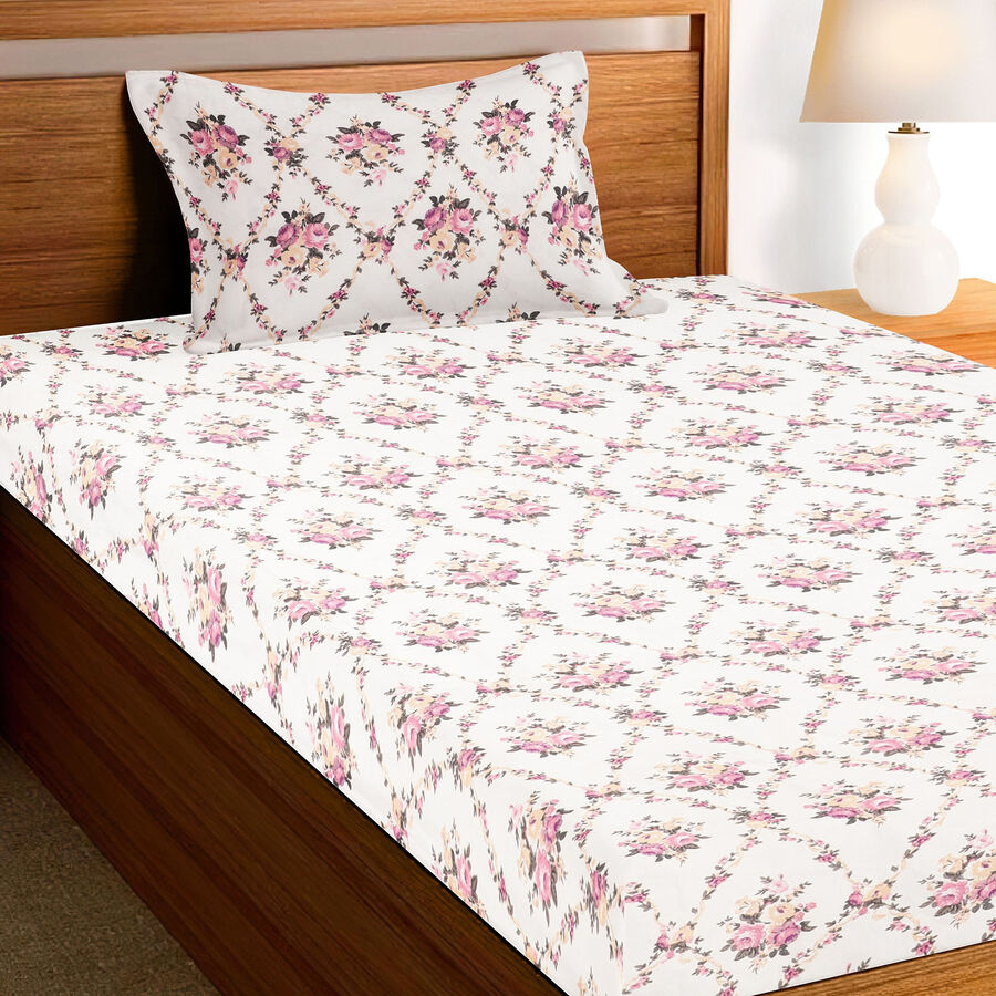 White Floral Printed Single Bedsheet, , large image number null