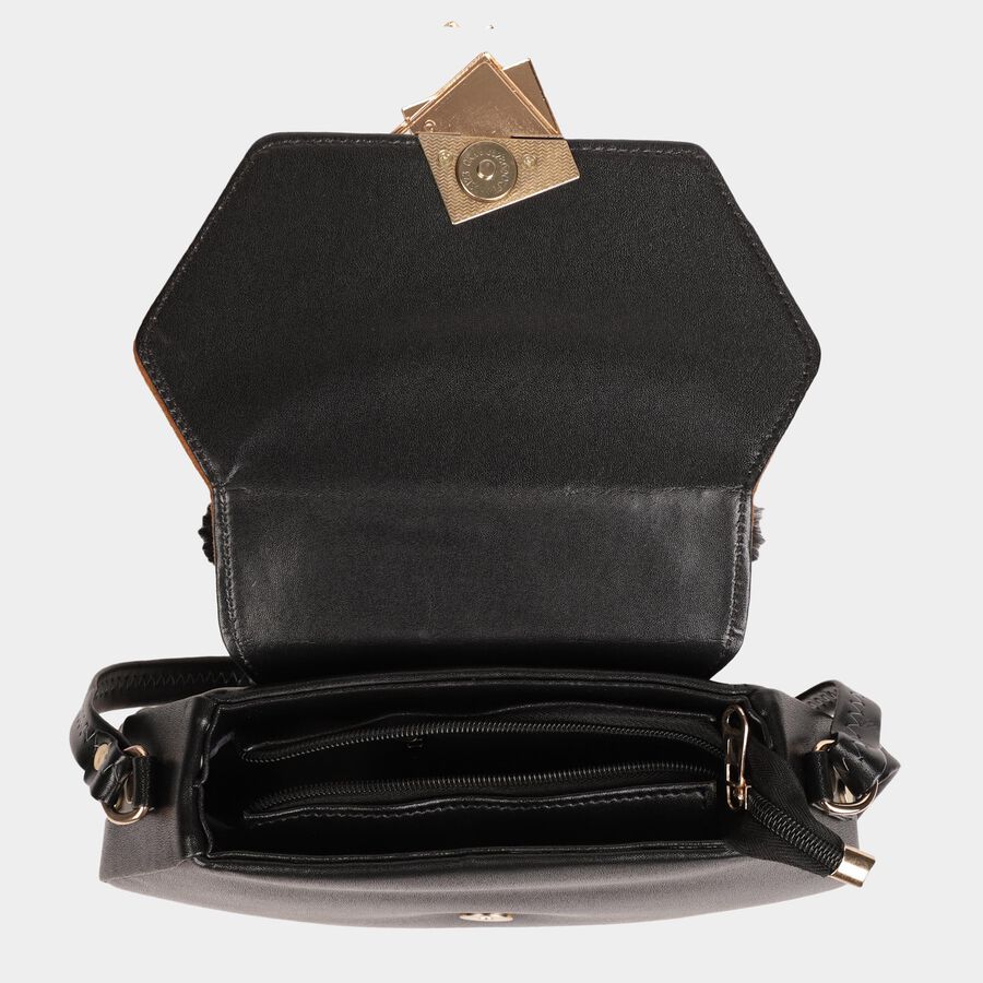 Women's Black Polyurethane Handbag, , large