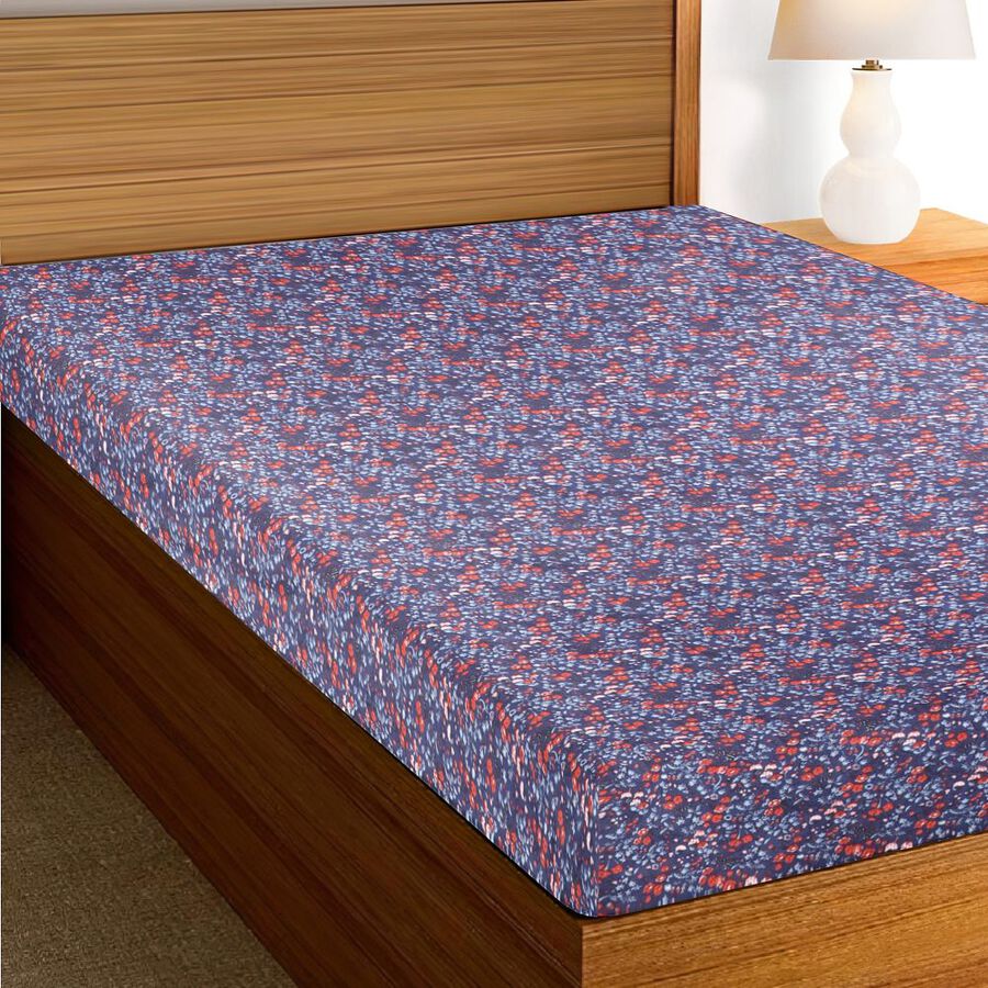 Blue Cotton Floral Printed Single Bedsheet, , large