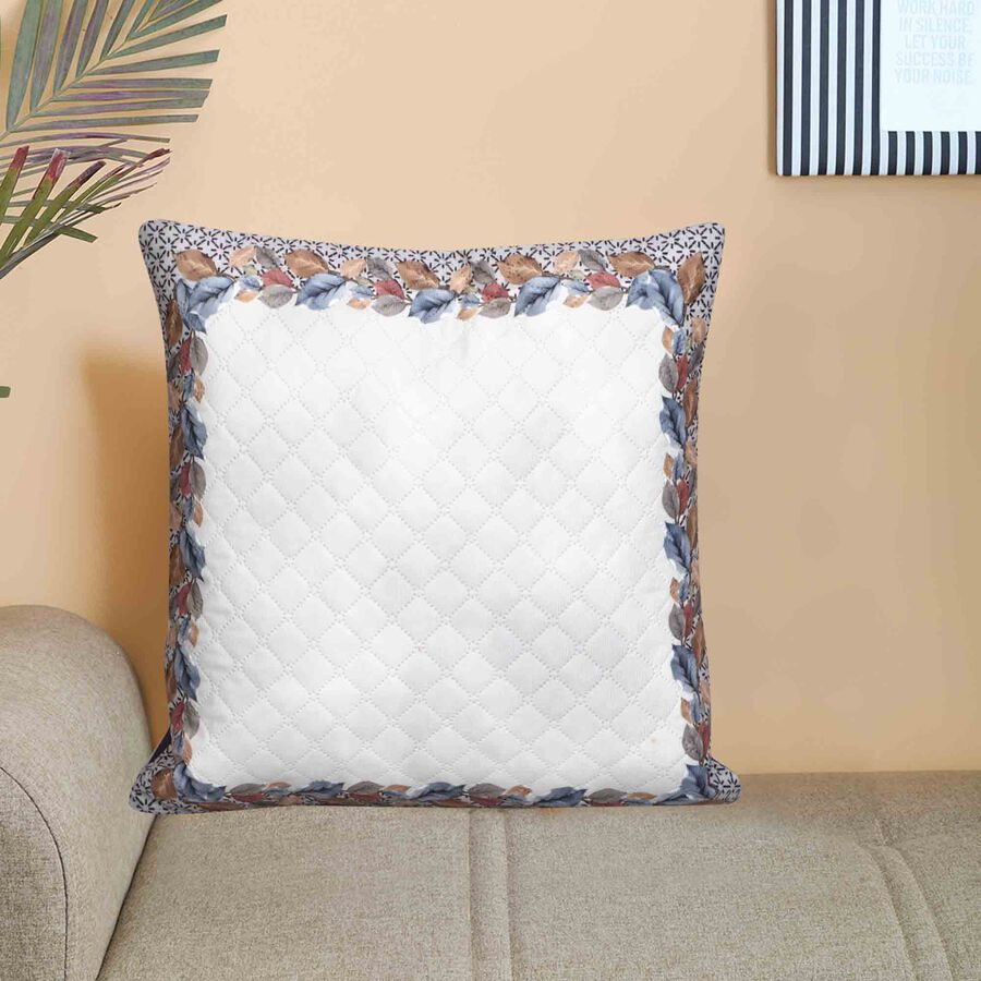 White Quilted Floral Printed Cushion Cover, , large