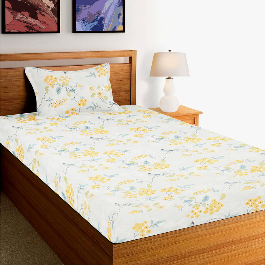 Yellow Floral Printed Single Bedsheet with Pillow Cover, , large