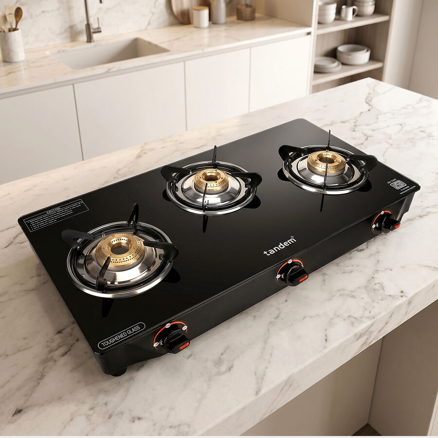 LPG Gas Stove 3 Burner Glass Top, 1 star BEE rating, , large