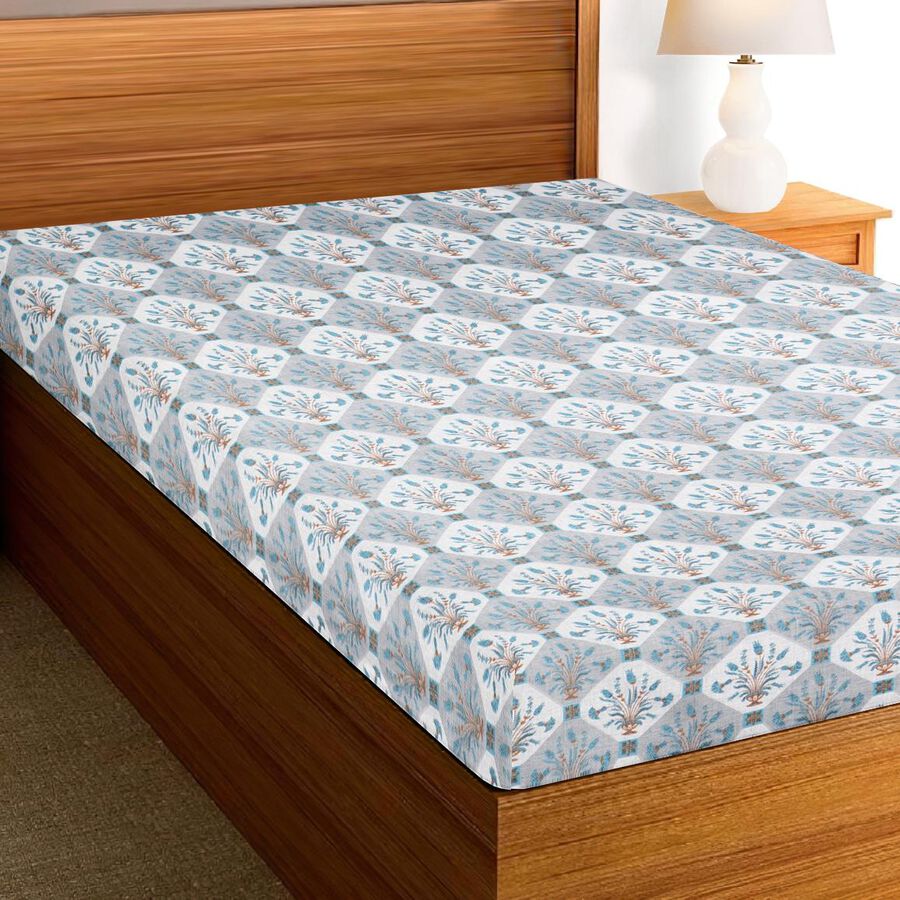 Light Blue Cotton Floral Printed Single Bedsheet, , large