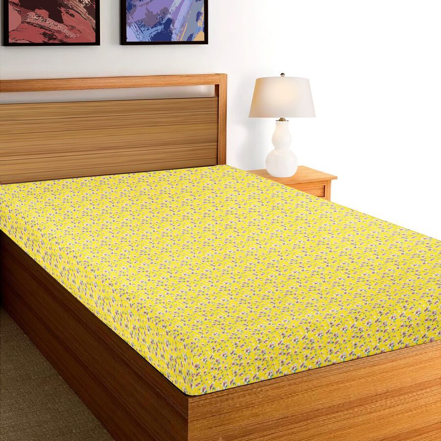 Yellow Cotton Floral Printed Single Bedsheet, , large