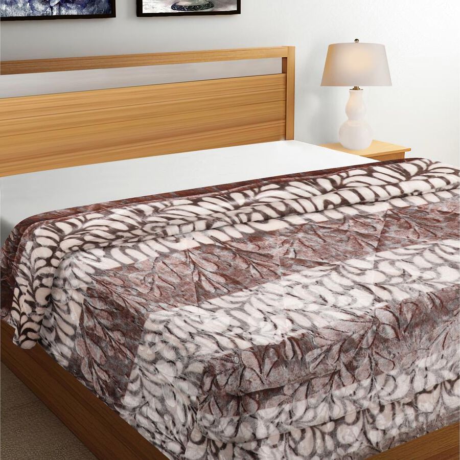 Brown Floral Printed Double Blanket, , large