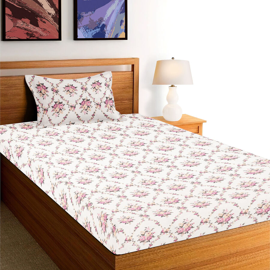 White Floral Printed Single Bedsheet, , large image number null