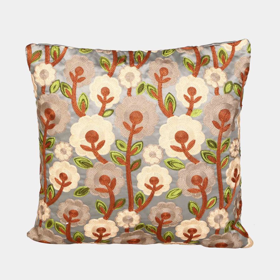 Grey Floral Embroidered Cushion Cover, , large