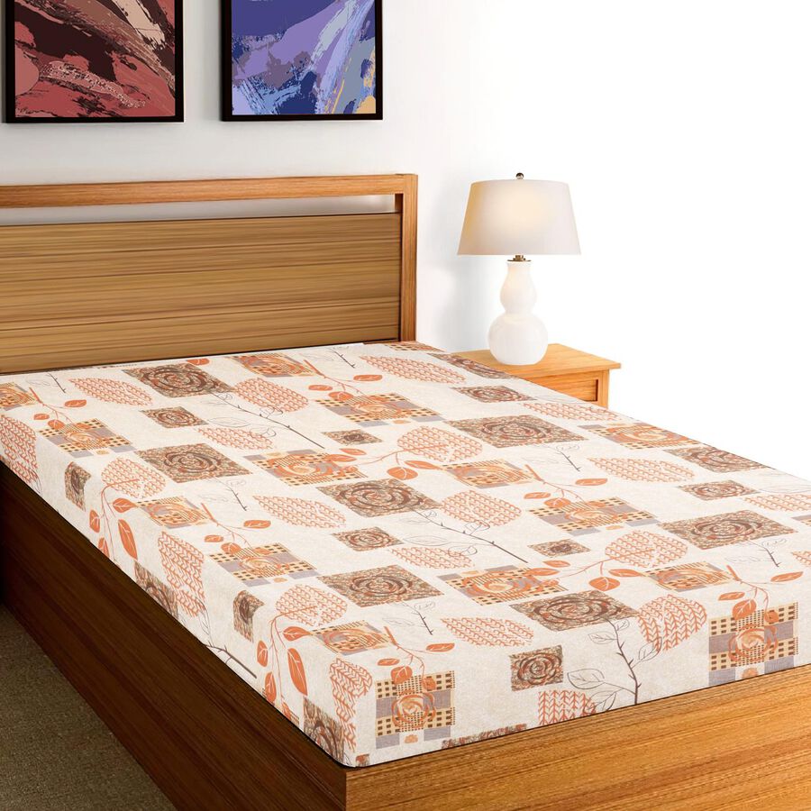Orange Cotton Floral Printed Single Bedsheet, , large