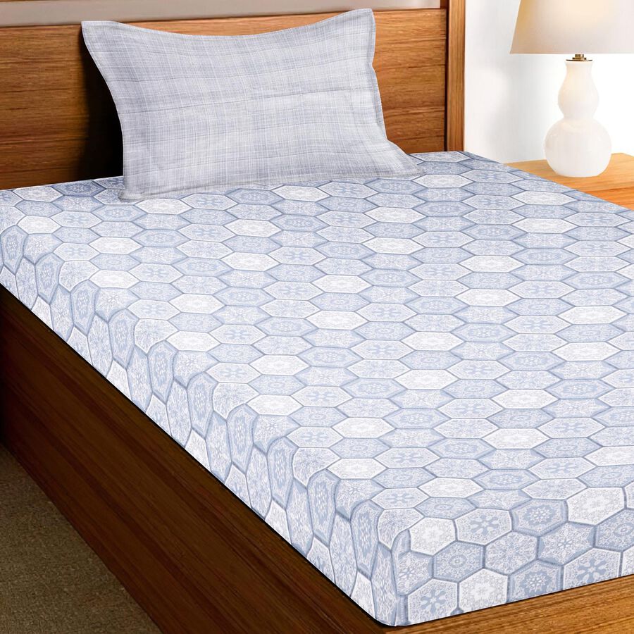 Blue Cotton Hexagonal Printed Single Bedsheet, , large