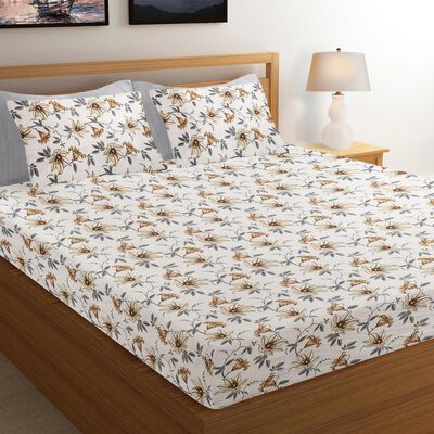 White Floral Printed King Size Bedsheet
