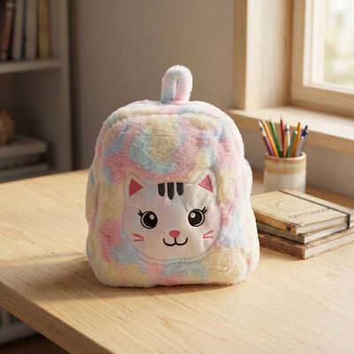Kid's Cute Furry Cat Face Pluesh Backpack 