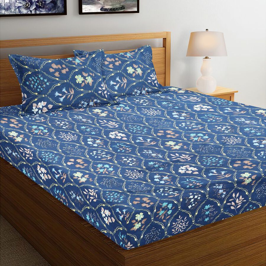 Blue Microfiber Double Bedsheet with Pillow Cover, , large