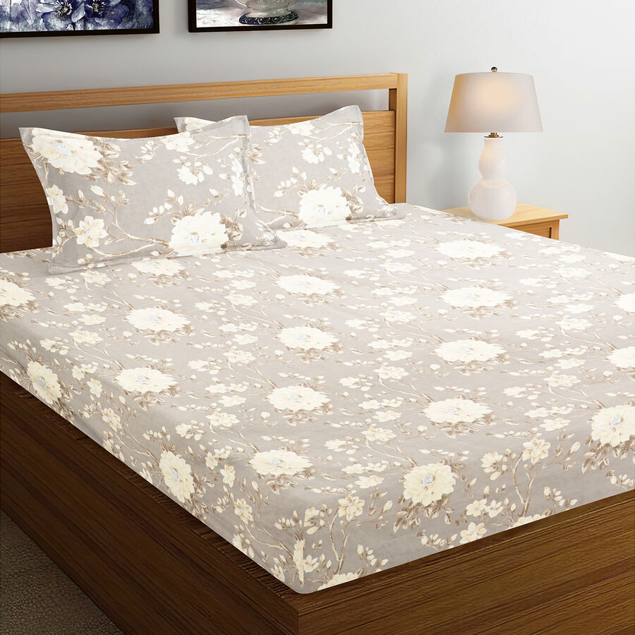 Beige Floral Printed King Size Bedsheet with Pillow Covers, , large image number null