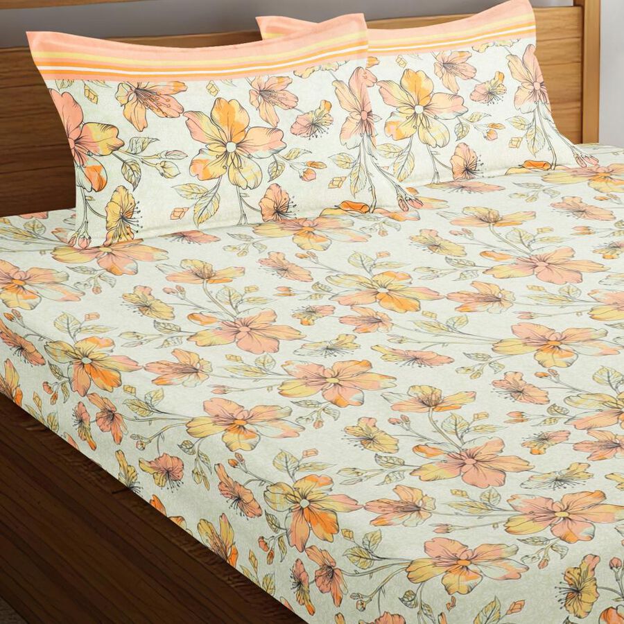 Peach and Yellow Floral Printed Double Bedsheet, , large image number null