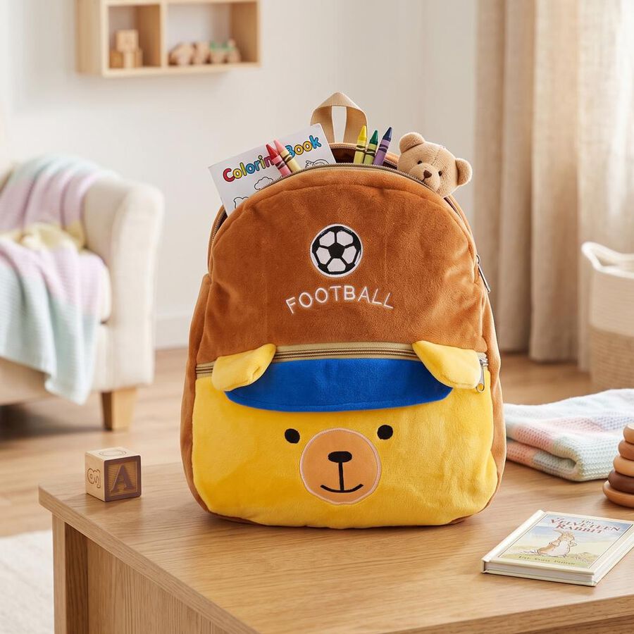 Kids Soft Plush Cartoon Bear Football Backpack, , large