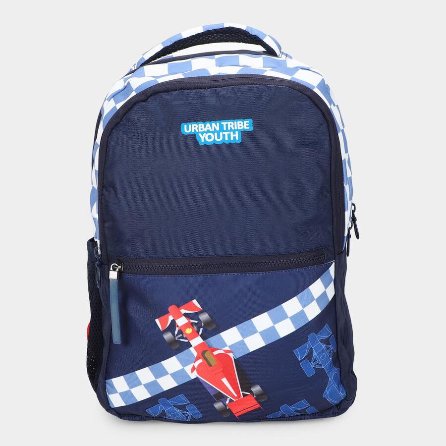 Stylish Blue School Bag with Car Graphic, , large