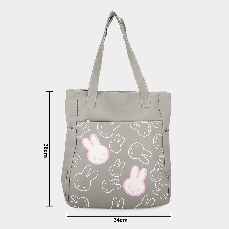 Women Grey Bunny Print Shoulder Tote Bag with Front Zip Pocket, , large
