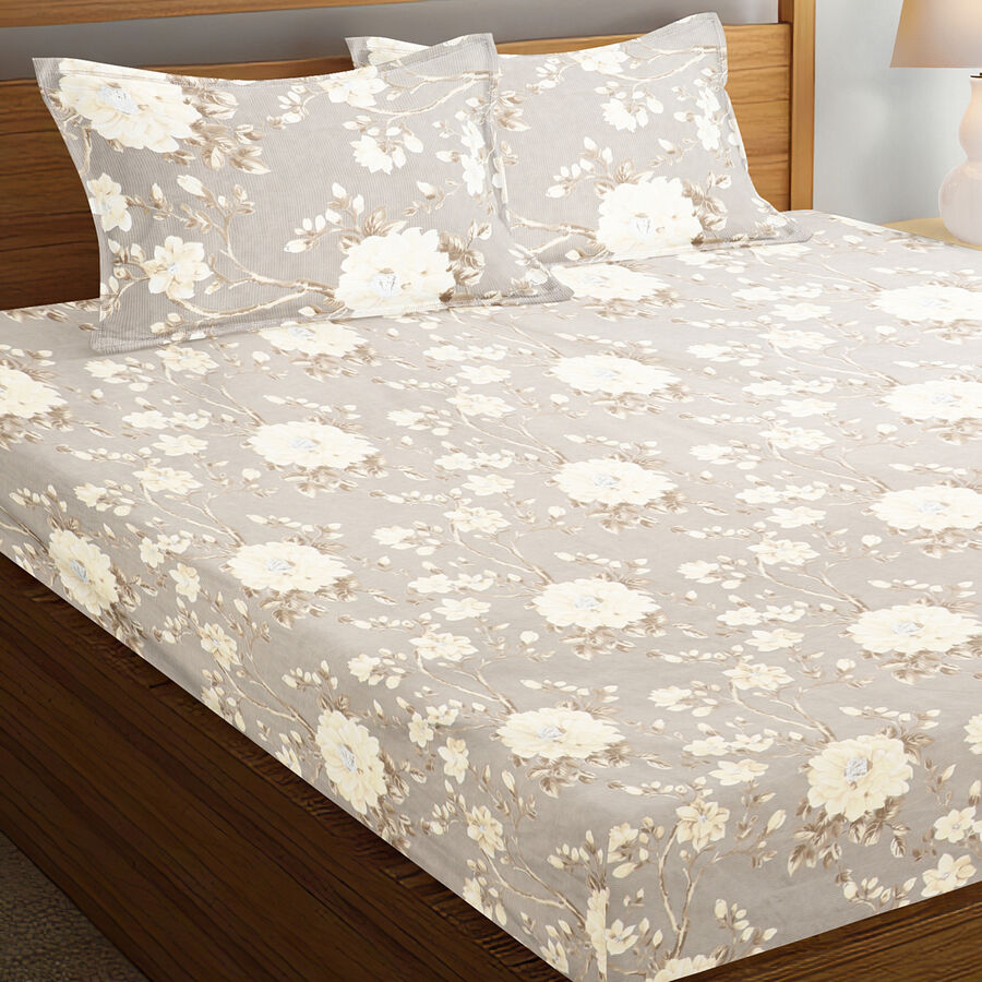 Beige Floral Printed King Size Bedsheet with Pillow Covers, , large image number null