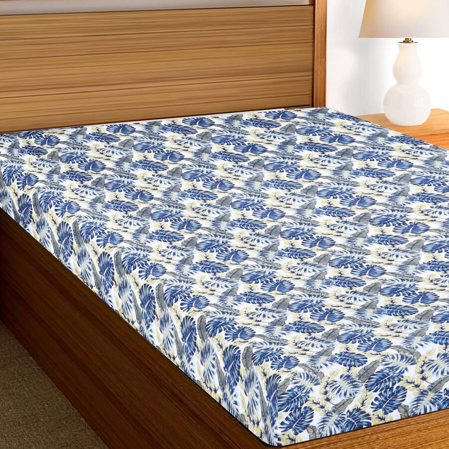 Blue and Yellow Floral Printed Single Bedsheet, , large