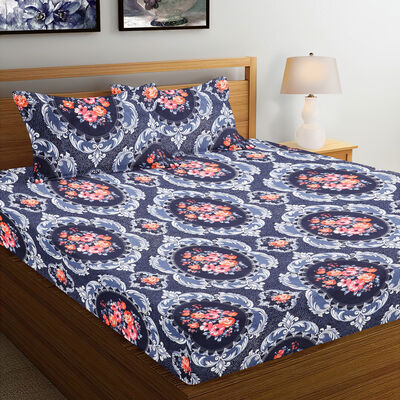 Navy Blue Floral Printed Double Bedsheet