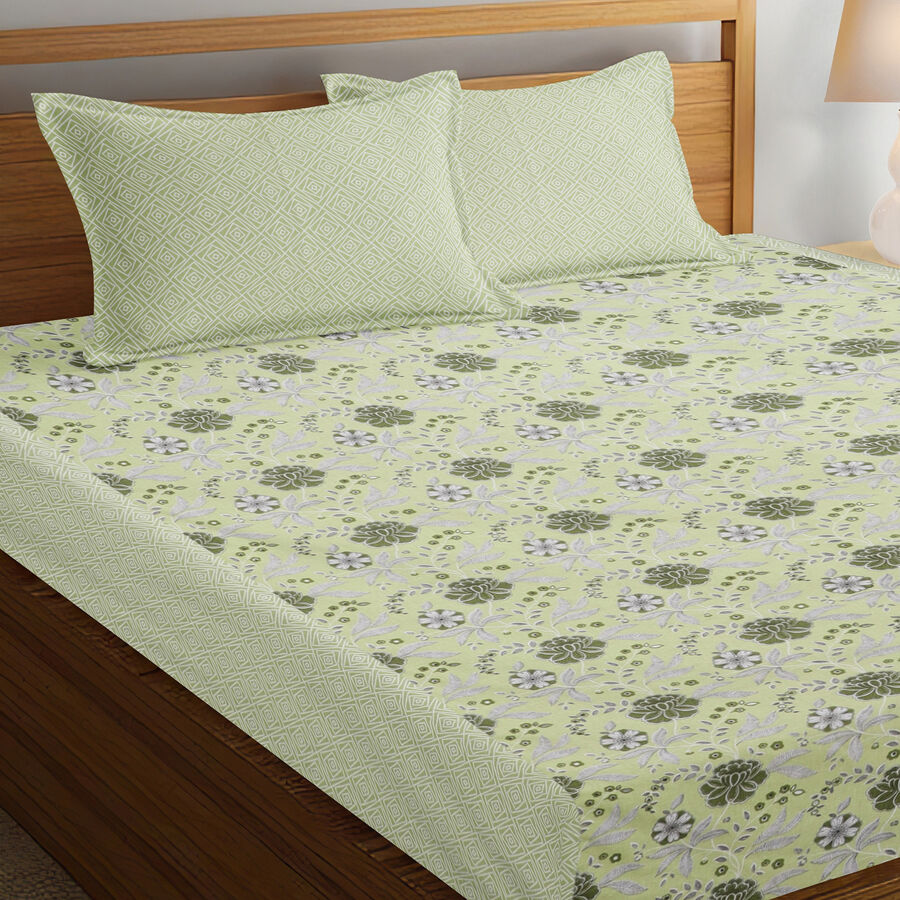 Green Polycotton Double Bedsheet With Pillow Cover, , large image number null