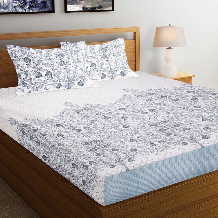 Blue Cotton Double Bedsheet With Pillow Cover, , large image number null