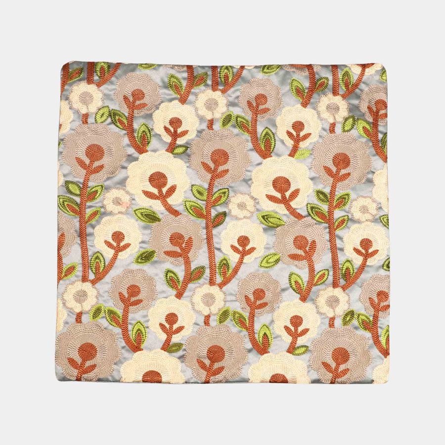 Grey Floral Embroidered Cushion Cover, , large