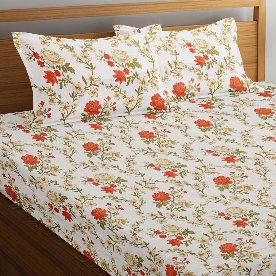 White Floral Printed Double Bedsheet, , large image number null