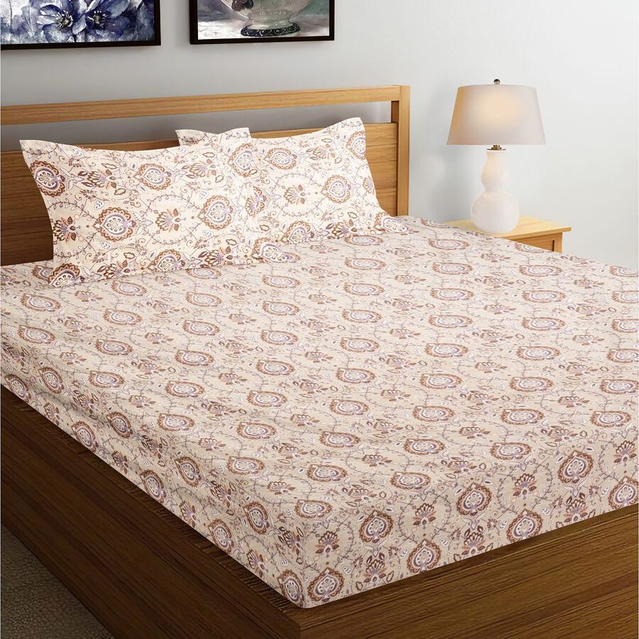 Beige Cotton Floral Printed King Size Bedsheet, , large image number null