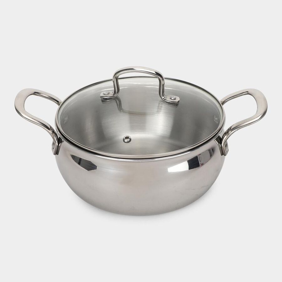  3Ply Cook & Serve with Glass lid, 3L capacity, 20cm diameter, SS304 Inner Food-grade stainless steel layer, Gas + Induction compatible, , large