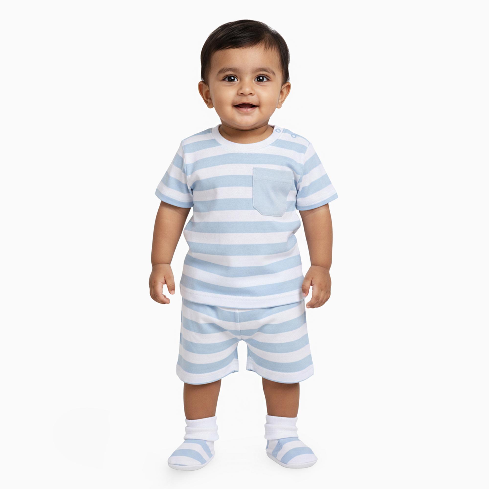 Yellow Hippo Infants' Light Blue Cotton Round Neck Striped Baba