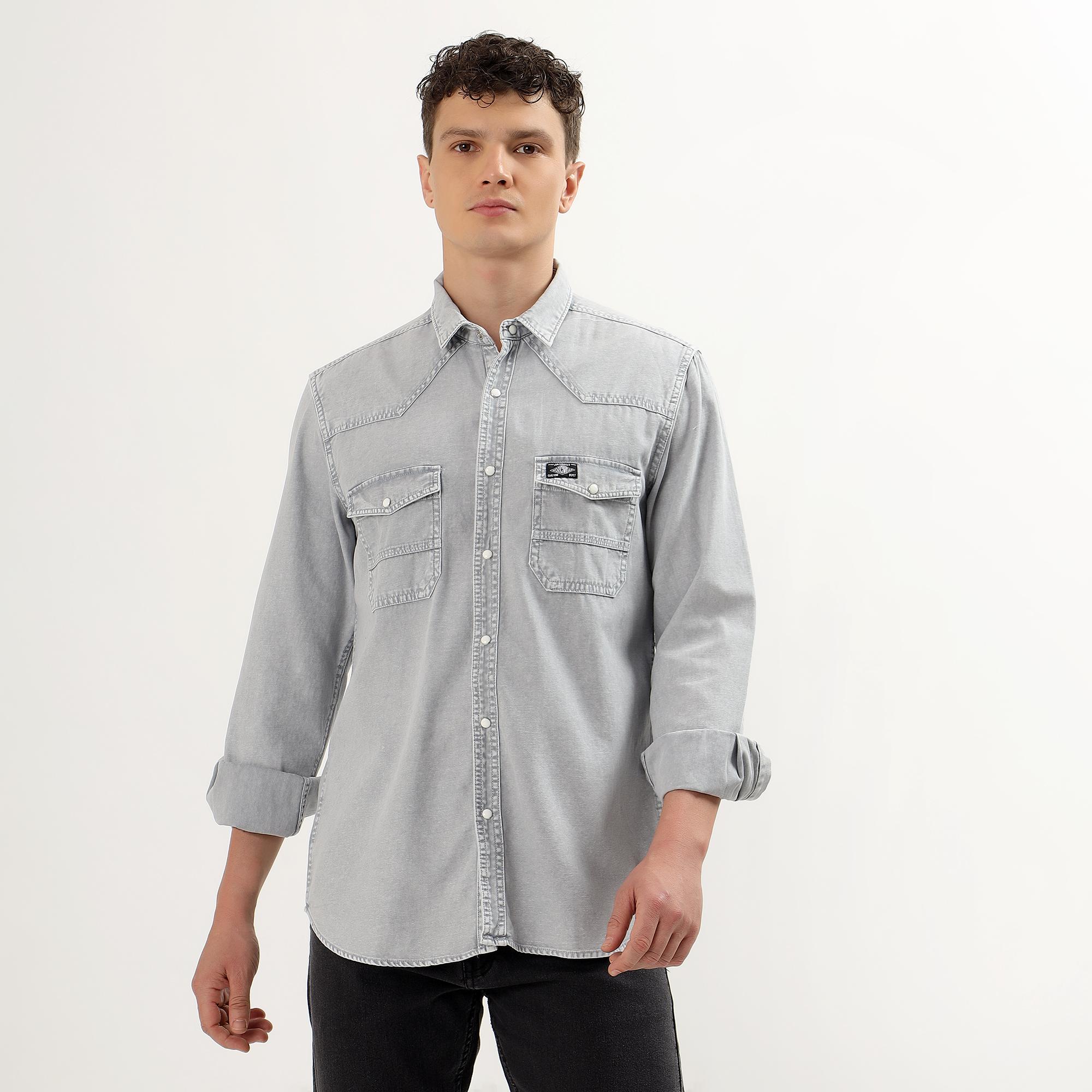 Viveza Men's Light Grey Cotton Regular Collar Casual Shirt